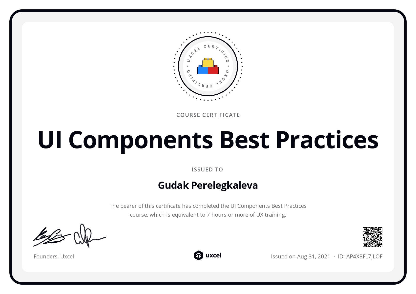 Gudak Perelegkaleva's certificate